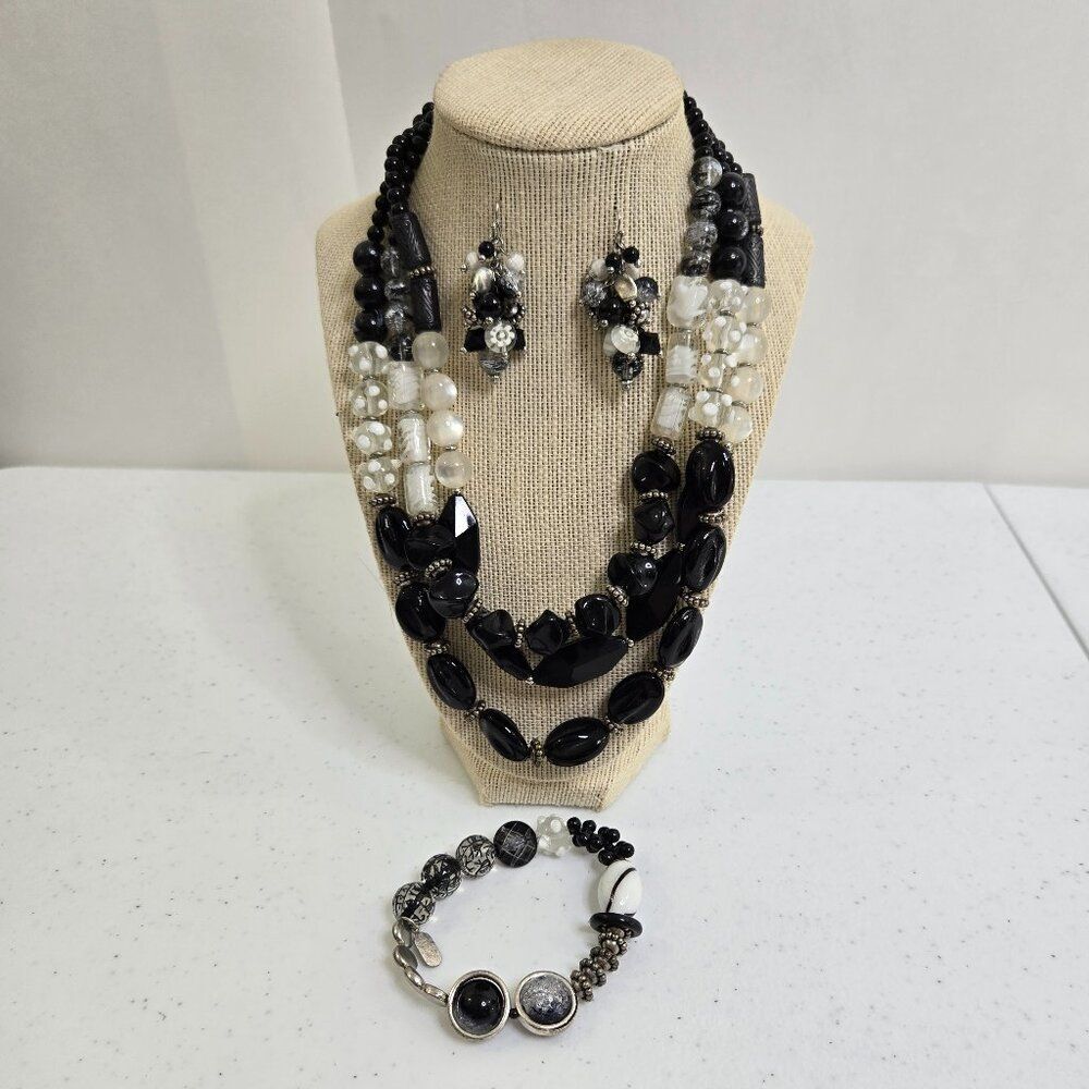 Treska Necklace Bracelet Earrings Set Black White Beaded Chunky Multi Strand